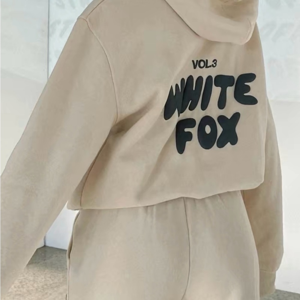 White Fox Boutique Cropped Hoodie and Sweatpant Set in Beige with Black Logo